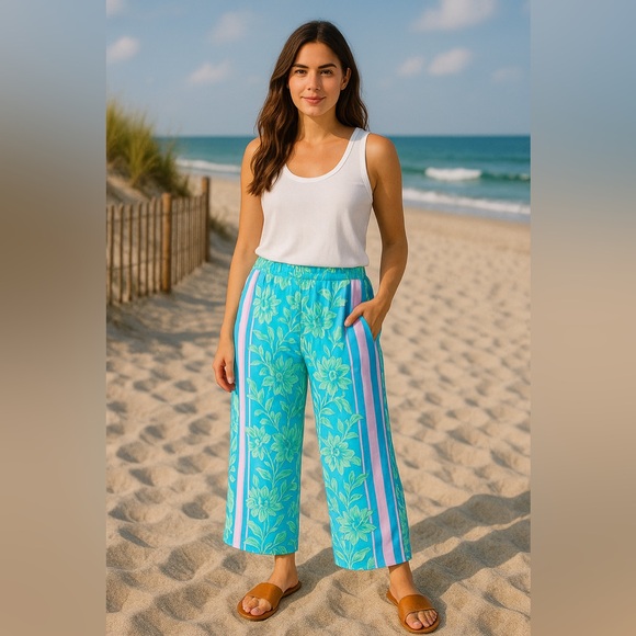 Lilly Pulitzer Pants - Lilly Pulitzer XS Blue Floral Pull-On Pants Resort Lounge Viscose